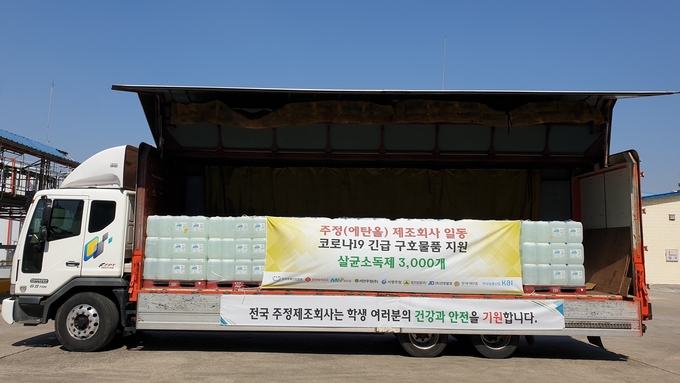 한국주류산업협회 및 주정 제조회사 8개사는 코로나19 긴급 구호물품으로 살균소독제 3천개를 대한적십자사 경북지사에 기부했다.