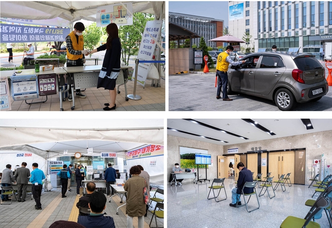  강서세무서 청사 밖 발열체크 현장사진(윗줄 왼쪽), 지하주차장 입구 차량이용자 드라이브 스루 발열체크 사진(윗줄 오른쪽), 야외 대형 천막 내 대기장소 및 상담소(아랫줄 왼쪽), 청사 내 대기장소(아랫쪽 오른쪽) .