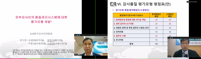 지난 15일 코로나19 대응의 일환으로 웨비나를 통해 개최된 제10회 감사인포럼에서 정영기 홍익대 교수(왼쪽) 및 이영한 서울시립대 교수가 '외부감사인의 품질관리 시스템에 대한 평가모형 개발'을 주제로 발표하고 있다.