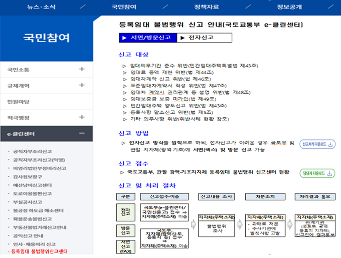 국토교통부 홈페이지내 설치된 등록임대 불법행위신고센터.