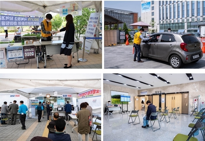 일선 세무서는 종합소득세 신고기간 코로나19 감염을 막기 위해 감염예방조치에 만전을 기했다. 강서세무서는 모든 내방객은 청사 밖에서 발열검사(윗줄 왼쪽)를 거치도록 했으며, 차량 이용자는 드라이브 스루 방식을 도입해 지하주차장 입구에서 차에서 내리지 않고 발열상태를 체크했다.(윗줄 오른쪽) 또한 야외 대기장소(아랫줄 왼쪽), 청사 내 대기장소(아랫쪽 오른쪽), 신고창구 3개 공간에 방문 납세자를 분산시켜 밀집도를 최소화했다.