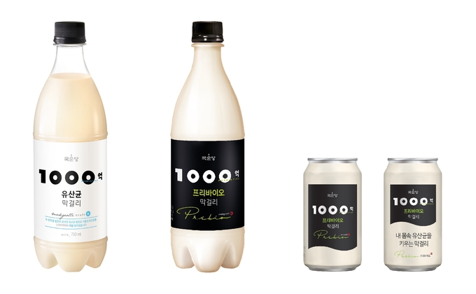 왼쪽부터 국순당 1000억 막걸리, 1000억 프리바이오 막걸리 페트·캔 제품.<사진=국순당>