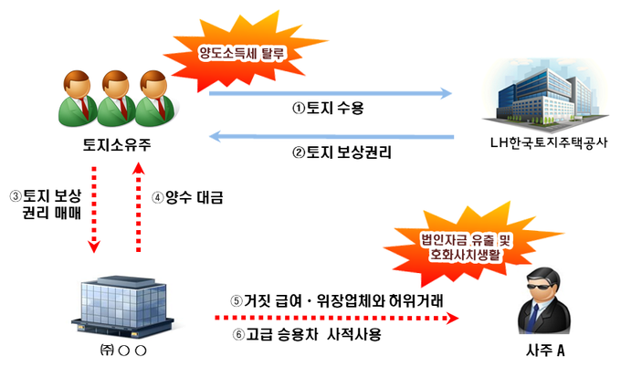 전매 금지된 대토보상권을 고가에 불법매입해 개발사업을 하는 등 부동산 시장을 교란하고, 법인자금을 편취해 호화생활을 영위한 부동산개발회사 사주 사례(자료=국세청)