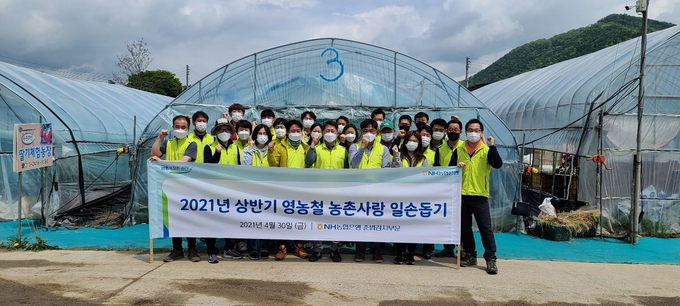 농협은행 준법감시부문 홍명종 준법감시인(앞줄 왼쪽 5번째)과 임직원들이 일손돕기 기념사진 촬영을 하고 있다.