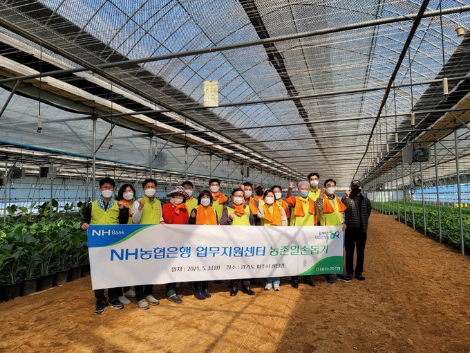 임동순 부행장(앞줄 왼쪽 다섯번째)과 임직원들이 지난 3일 파주시 은혜농장을 찾아 농촌 일손돕기에 앞서 기념사진을 촬영하고 있다.