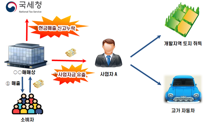 현금 매출을 신고 누락하고 누락된 자금으로 개발지역 토지 등 고액의 부동산을 취득한 사업자(자료=국세청)