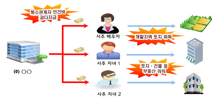 법인이 사주의 자녀 등에게 부당 인건비를 지급하고 사주일가는 이를 원천으로 개발지역 토지를 취득한 사례(자료=국세청)