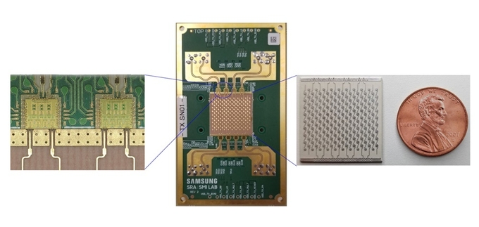 16채널 140GHz 모듈(가운데)과 이를 구성하는 이중 채널 140GHz RFIC(왼쪽), 128개 안테나 소자.(사진=삼성전자)