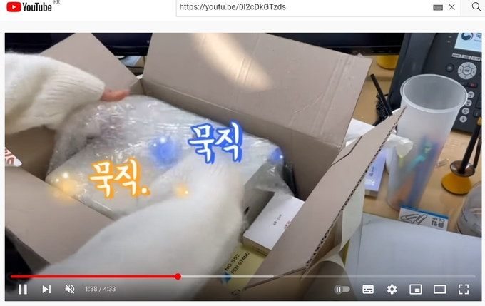 입사 축하선물이 담긴 박스를 개봉하는 유튜브 영상 캡쳐 사진. 