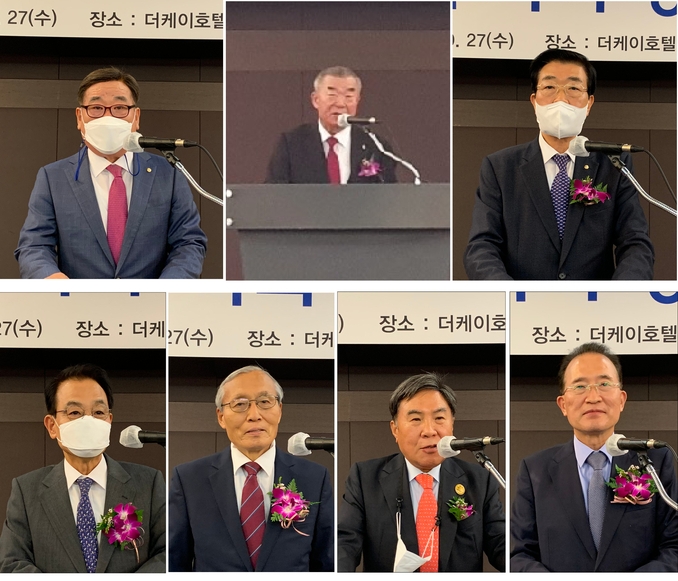 인사말하고 있는 임채룡 창립준비단장과 축사하고 있는 이기수 전 고려대 총장, 원경희 세무사회장<위 왼쪽부터>. 아래 왼쪽부터 전형수 국세동우회장, 송쌍종 교수, 조용근·백운찬 전 세무사회장이 축사를 하고 있다.