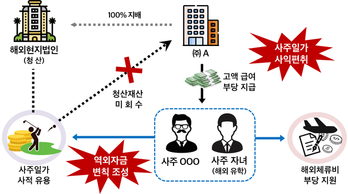 사주에게 고액 급여를 지급하거나 현지법인 청산자산인 골프회원권을 미회수해 사적유용하게 하고 유학 중인 사주자녀에게 거짓급여 지급 등 기업이익 독식한 사례(자료=국세청)