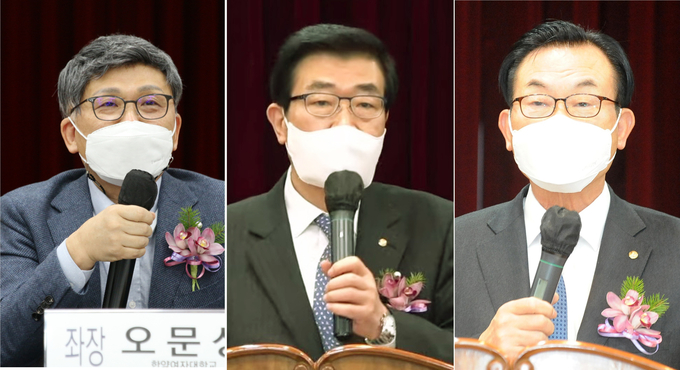 왼쪽부터 좌장 오문성 한양여대 교수, 원경희 한국세무사회장, 김완일 서울세무사회장.