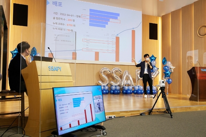 지난 8일 서울 강남구 ‘삼성청년SW아카데미’ 서울 캠퍼스에서 SSAFY 6기 교육생이 SW 개발 프로젝트 과제를 발표하고 있다.