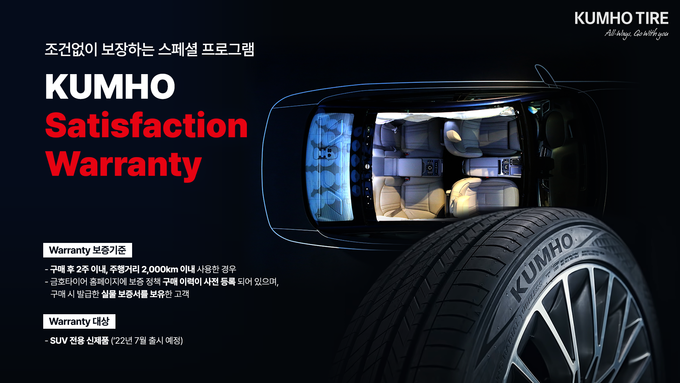 금호타이어가 오는 7월에 출시되는 SUV 신제품에 ‘금호 만족 보증제’를 적용한다.