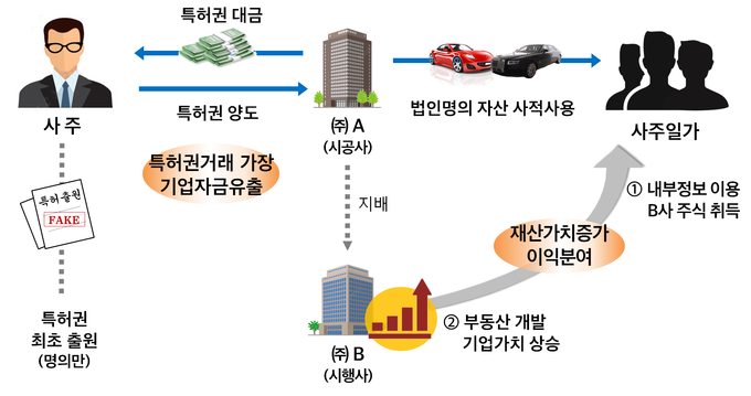 사주는 법인이 개발한 특허를 본인 명의로 출원 후 양도거래를 가장하여 법인자금을 유출하고, 법인 명의 호화자산을 사적사용한 사례(자료=국세청)