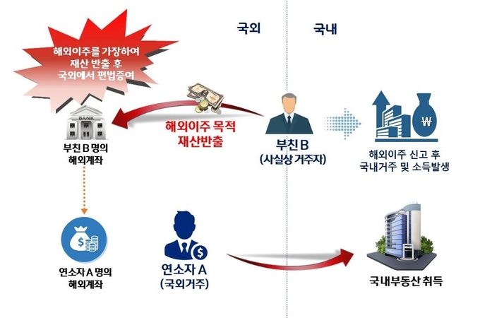 해외이주를 가장하여 국내재산 반출 후 국외에서 편법 증여한 혐의(자료=국세청)