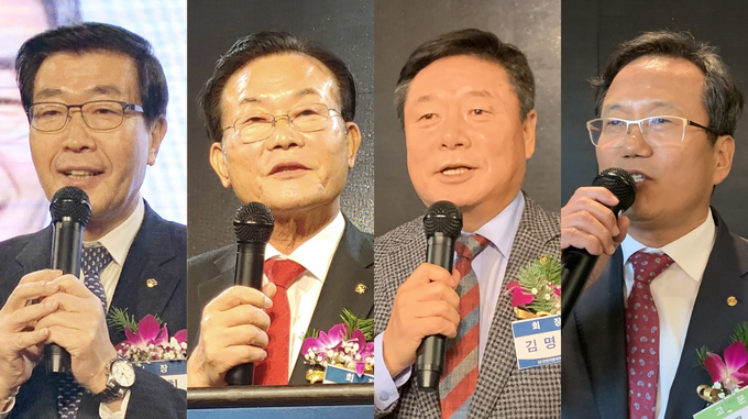 원경희 한국세무사회장, 김완일 서울지방회장, 김명진 인천지방회장이 축사를 하고 있다. 2부 행사에서 이금주 전 중부회장이 건배제의를 하고 있다<왼쪽부터>. 
