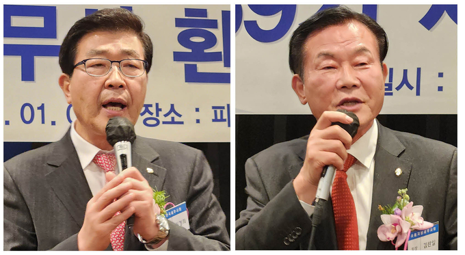 원경희(왼쪽) 한국세무사회장과 김완일 서울지방세무사회장이 축사를 하고 있다.