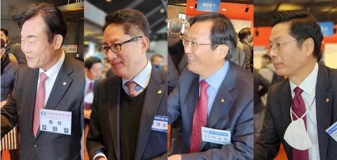 왼쪽부터 김완일 서울세무사회장, 유영조 중부세무사회장, 이금주 전 인천세무사회장, 구재이 전 한국세무사고시회장이 보수교육장에 나와 세무사들과 인사를 나눴다. 