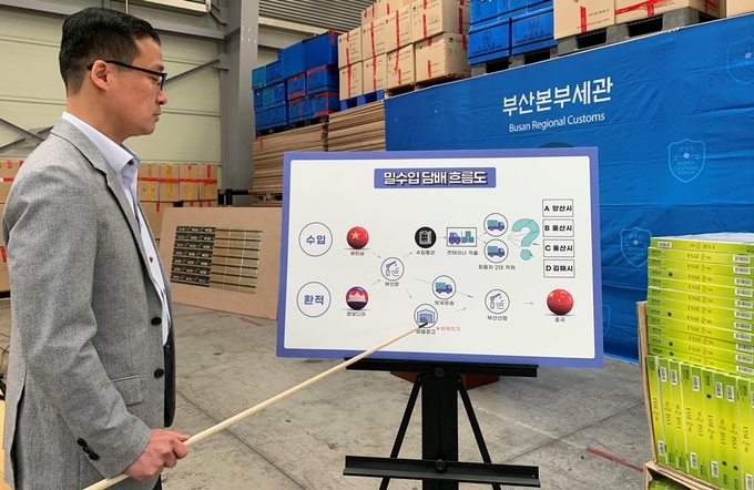 부산세관 특수수사 2팀장이 담배 밀수입 흐름도를 설명하고 있다.