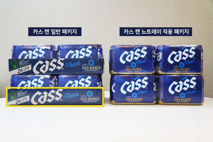 카스 프레시 355ml 캔 일반 패키지(왼쪽)와 ‘노 트레이'를 적용한 카스 프레시 355ml 캔 패키지 (사진=오비맥주)
