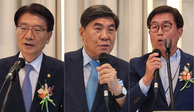 왼쪽부터 임채수 서울지방세무사회장, 조용근·이창규 전 한국세무사회장이 축사를 하고 있다. 