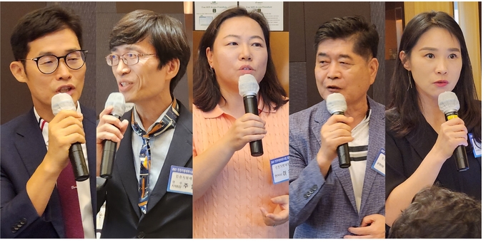(왼쪽부터)박종렬 인천지방회 홍보이사, 주영진 연수지역세무사회장, 이은선 인천지방회 연구이사, 곽수만 전 세무사회 감사, 김선영 부천지역회 간사가 발언하고 있다.