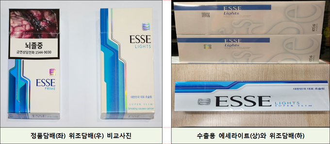 중국인 밀수총책이 짝퉁 국산담배 10만갑을 밀수입하다 인천세관에 검거된 가운데, 정상 수출용 에쎄라이트와 짝퉁 에쎄라이트 현품 비교 사진.