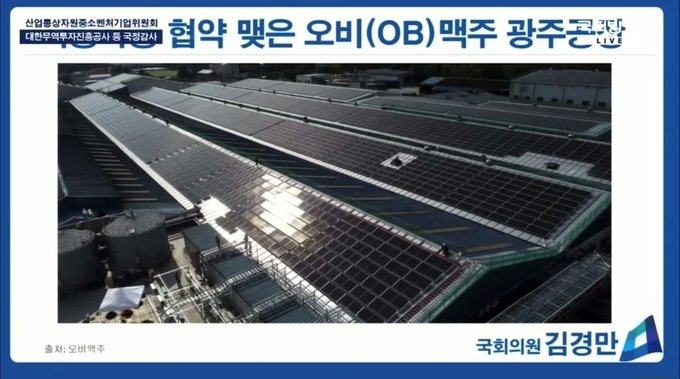 김경만 의원이 국정감사에서 오비맥주 광주공장 지붕에 설치된 태양광 발전시설을 탄소감축 활동의 모범사례로 소개하고 있다 (사진 제공=오비맥주)