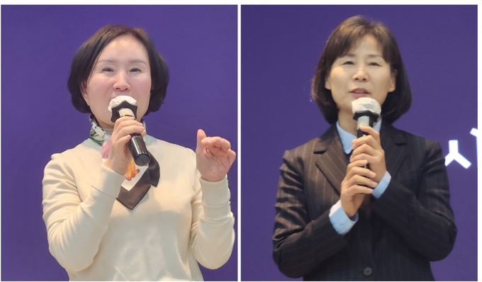 <왼쪽부터>방경연·고은경 고문이 축사를 하고 있다. 