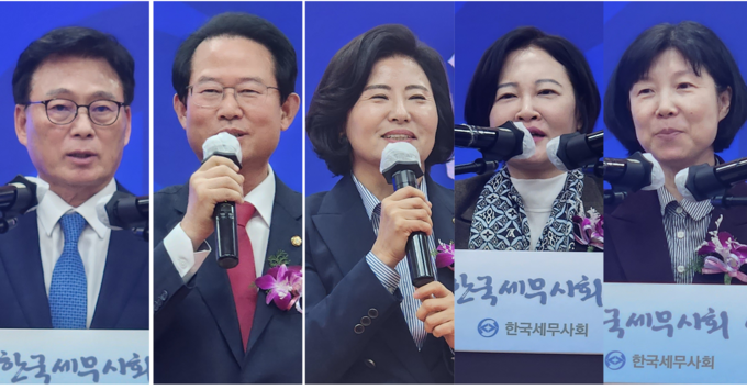 왼쪽부터 박광온⋅류성걸⋅양경숙⋅이수진⋅양정숙 의원이 축사하고 있다. 