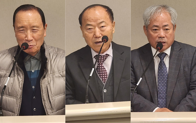 송춘달·박상근·안수남 역대 회장이 축사를 하고 있다. 