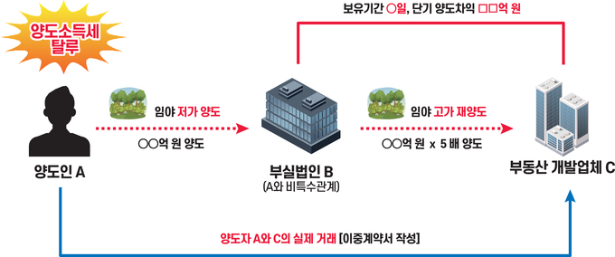 개발지역 임야를 보유한 개인이 부실법인을 중간에 끼워넣어 실제 거래를 위장하는 방법으로 양도소득세를 탈루한 혐의