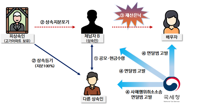 다른 상속인과 짜고 상속지분을 포기하는 대신에 이에 상당하는 금액을 현금으로 받아 강제징수를 회피한 체납자(자료=국세청)