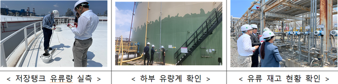 유류세 인하조치가 일부 환원된 1일 국세청 소비세 담당 직원들이 석유류 매점매석 방지를 위해 정유사 탱크의 유류재고를 측정하고 있다.<사진자료-국세청>