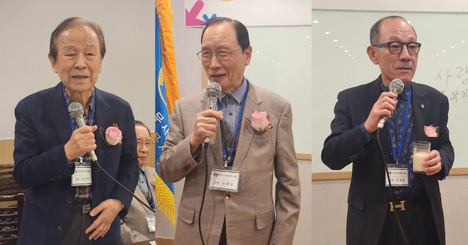 (왼쪽부터)김면규, 송춘달, 문명화 고문이 축사를 하고 있다.
