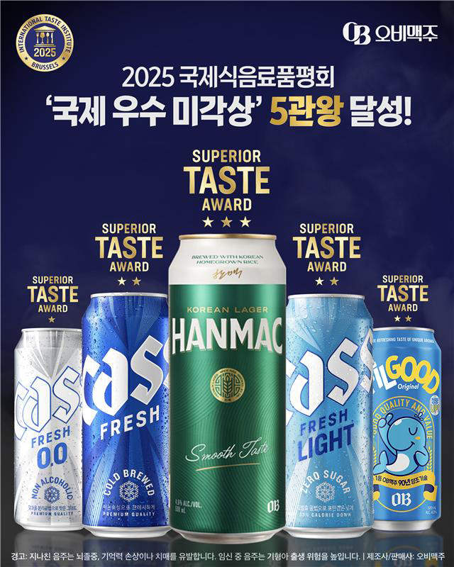 오비맥주가 ‘2025 국제식음료품평회’에 출품한 카스, 한맥 등 5개 브랜드 모두 ‘국제 우수 미각상’을 수상하는 성과를 거뒀다.<사진=오비맥주>