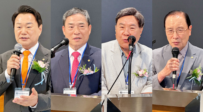 왼쪽부터 이종탁 서울지방세무사회장, 정해욱 윤리위원장, 조용근 전 세무사회장, 송춘달 전 서울지방세무사회장이 축사를 하고 있다. 