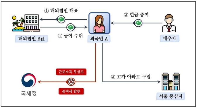 해외법인으로부터 받은 고액의 근로소득과 남편에게 증여 받은 현금을 모두 무신고하고, 고가 아파트 구입에 사용한 사례(기조사, 자료=국세청)