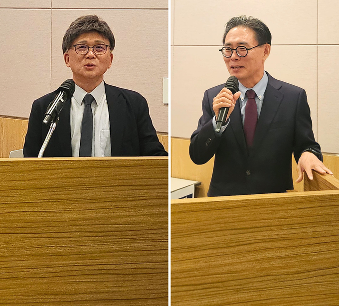 오문성 한국조세정책학회장(왼쪽)이 개회사를, 강민수 전 국세청장이 축사를 하고 있다. 