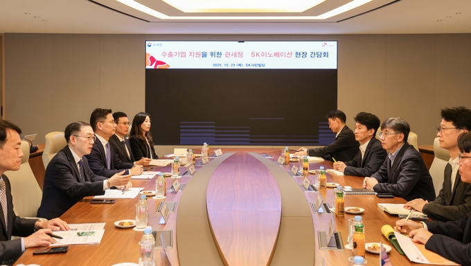 이명구 관세청장<왼쪽 두번째>이 23일 SK이노베이션(주) 본사에서 열린 간담회에서 석유화학업계 지원을 위한 방안을 논의하고 있다.<사진=관세청>