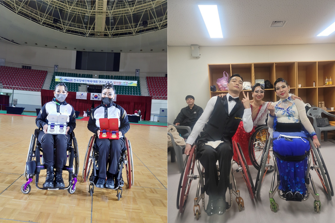 왼쪽 사진-채수민 선수(왼쪽)와 최문정 선수/오른쪽 사진- 김태훈 선수(왼쪽), 최문정 선수(가운데), 채수민 선수.
