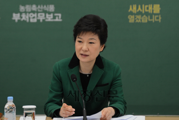 박근혜 대통령이 22일 오전 청와대 영빈관에서 2013년도 농림수산식품부 업무보고를 받고 있다.